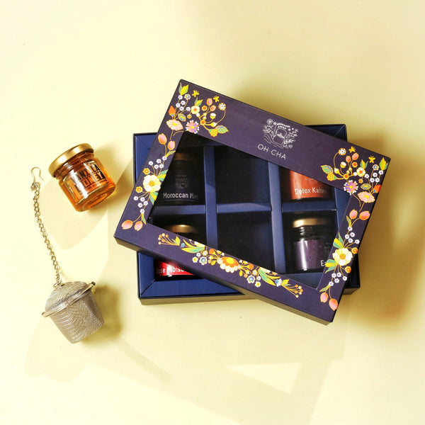 Experimenters Box - Assorted Tea Gift Set with 4 Tea Flavors, Tea Infuser & Honey