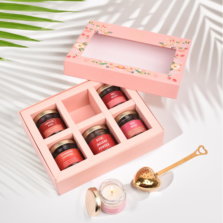 Springly Tea Box Tea Gift Box with Scented Candles, Assorted Teas & Jaggery Powder ...
