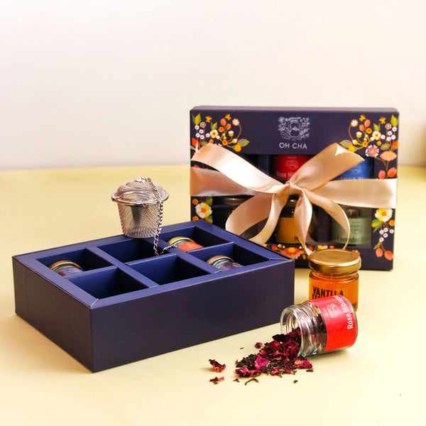 Discoverers Box - Assorted Tea Gift Set with 4 Tea Flavors, Tea Infuser & Honey