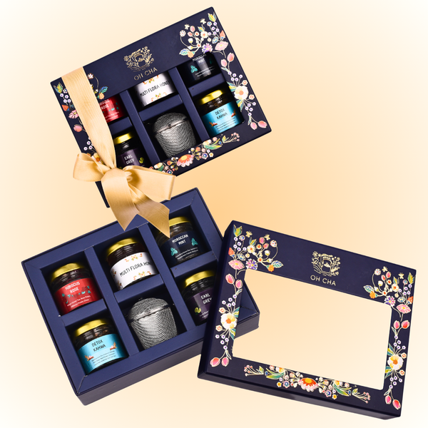 Discoverers Box - Assorted Tea Gift Set with 4 Tea Flavors, Tea Infuser & Honey